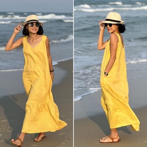 Linen Summer Maxi Dress With Pocket, Loose Dress, Oversized Plus Size Dress, Boho Dress, Beach Dress, Linen Clothing, Linen Tunic Dress
