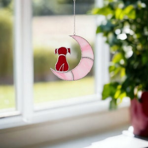 Stained Glass Dog, Dog Gift, Handmade Glass, Dog On Moon Hanging, Handmade Stained, Glass Suncatcher, Custom Dog, Garden Stained Glass F21