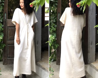 White Loose Fitting Linen Dress with Pockets, Boho Linen Tunic Dress, Oversized Linen Midi Dress, Casual Linen Flax Dress, Linen Clothing