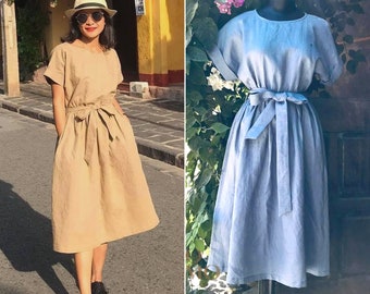 Linen Dress Long Midcalf Belt Dress With Pocket, Waist Belt Dress, Linen Long Dress, Long Linen Dress For Woman, Summer Dress For Her