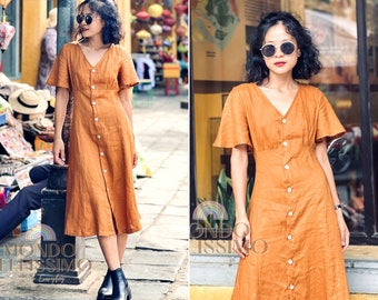 Linen Midi Dress, Button Down Dress, Short Sleeve V Neck Linen Dress, Casual Linen Dress For Woman, Boho Oversized Dress, Summer Dress