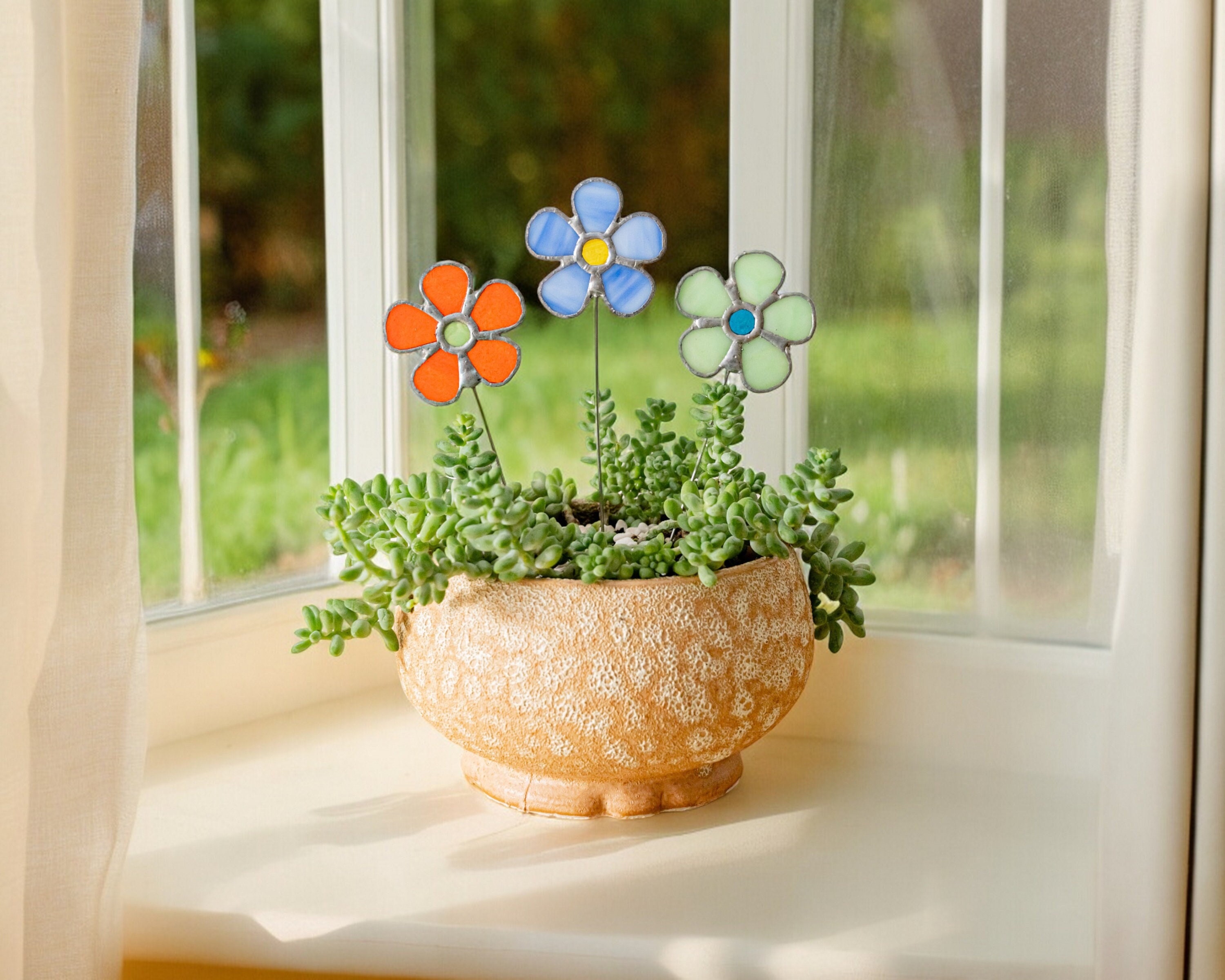 Plant Stake Flowers, Stained Glass Flower, Plant Lover Gift, Flower Decor, Home House Decor, Plant Stake, Housewarming Gift, Glass Art F39