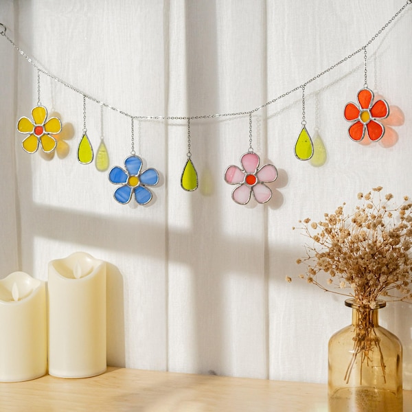 Guirnalda de flores de vidrio, cadena de flores, arte vitral, vitral con flores, decoración vitral, atrapasol para ventana, arte hecho a mano F97