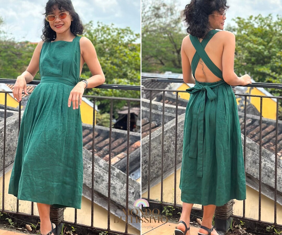 Backless Dress Linen Midi Dress Dress With Pockets Women - Etsy