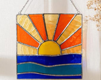Zonsondergang glas in lood, glas in lood ornament, glasdecoratie, glas in lood raam, glas in lood decor, glas in lood kunst F25