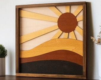 Arte murale in legno, tramonto del sole e della luna, arte murale minimalista, arredamento boho per la casa, opera d'arte in legno, fattoria moderna, arte del sole e della luna, arredamento da parete boho Y56