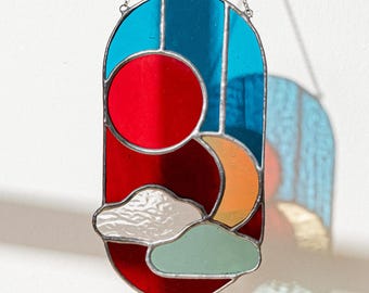 Modern stained glass suncatcher, window decor, glass wall hanging F82