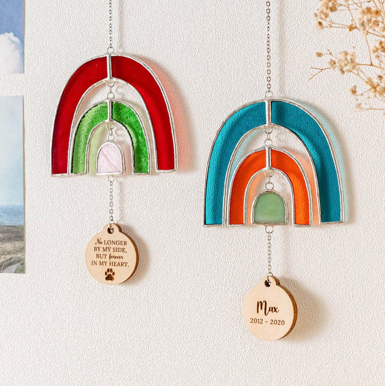 Personalized Rainbow Bridge Stained Glass Sun Catcher. Rainbow Heart ...