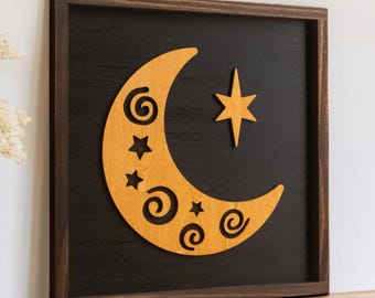 Sonne und Mond Wandkunst, geschnitzte Wandbehang Sonne und Mond, Boho Wanddekor Y54