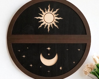 Decorazione moderna in legno Boho con sole e luna – Arte murale celeste minimalista per la casa Y57