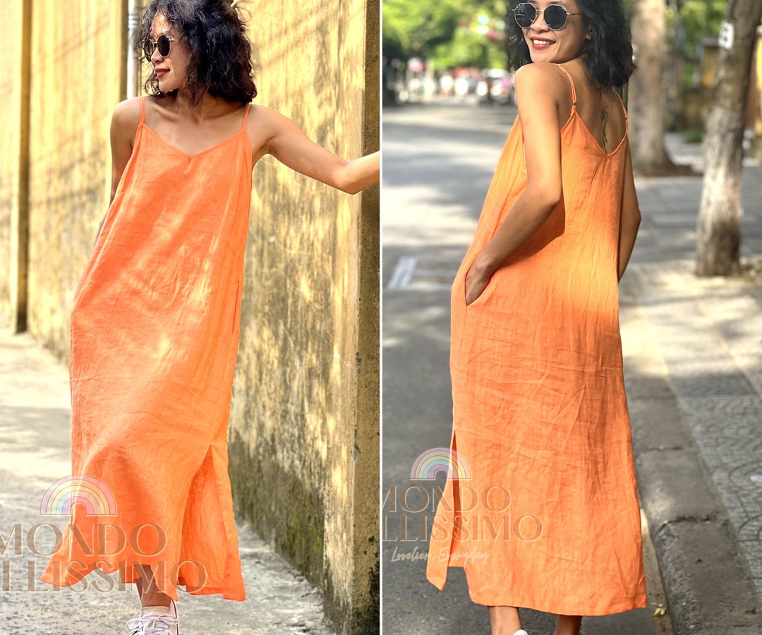 Linen Long Dress Linen Strap Dress Dress With Pockets Linen Etsy