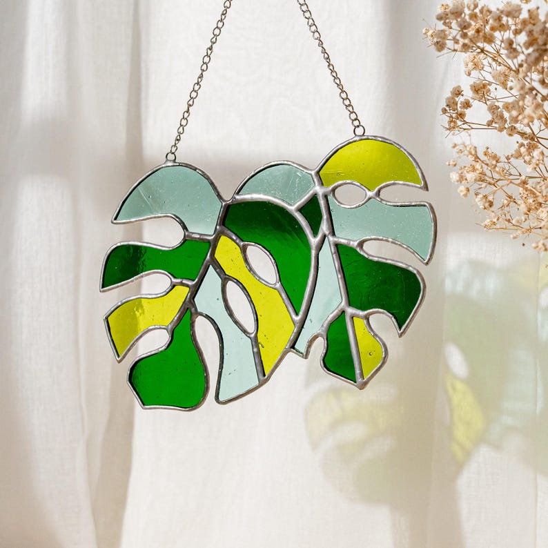 Glass Monstera Leaf, Leaves Art, Indoor Decor, Leaves Stained Glass, Window Suncatcher, House Plant, Large Monstera Leaf F58 image 7