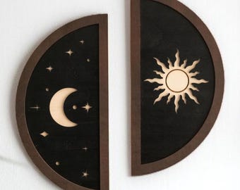 Arte murale in legno, tramonto del sole e della luna, arte murale minimalista, arredamento boho per la casa, opera d'arte in legno, fattoria moderna, arte del sole e della luna, arredamento da parete boho Y57