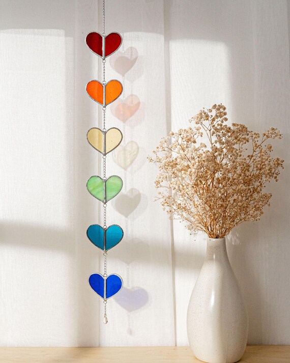 Rainbow Heart Suncatcher, Stained Glass Window, Glass Sun Catcher, Heart Suncatcher, Stained Glass Heart, Love Heart, Window Hanging F22