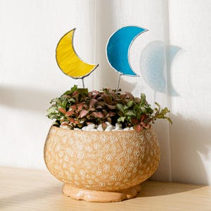 Iridescent Stained Glass Moon Planter Stake, plant lover, birthday, summer garden, garden art, plant decor F47