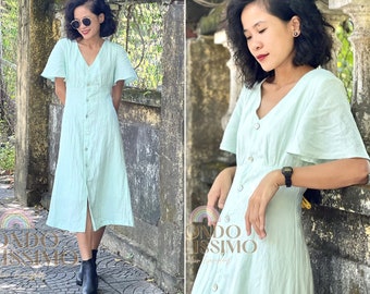 Linen Button Down Dress, Midi Dress, Mimimal Dress, V Neck Dress, Vintage Dress, Linen Boho Dress For Woman, Oversized Dress, Tunic Dress