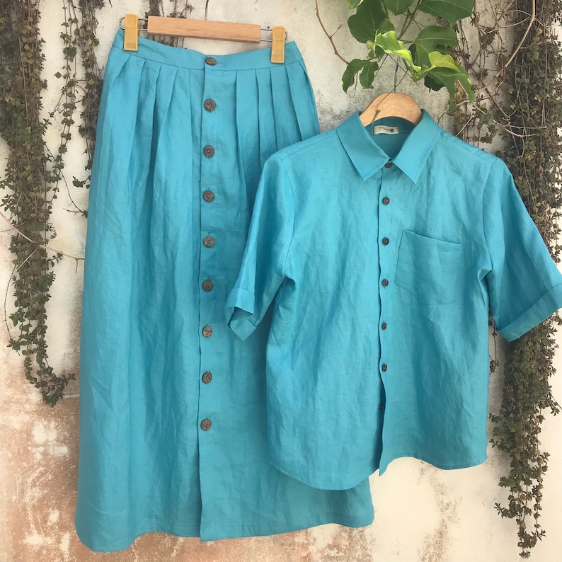 Natural Linen Button Front Skirt With Pocket, Pleated Hight Waist Skirt, Linen Clothing, Midi Linen Skirt, Summer Simple Linen Skirt For Her image 5