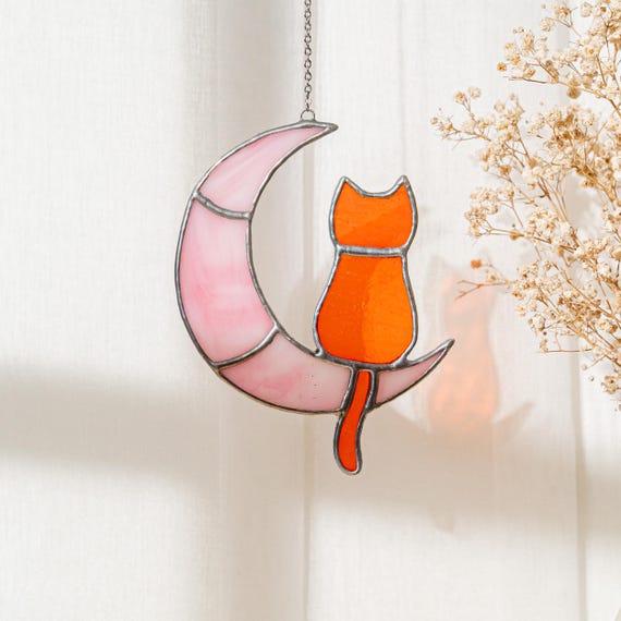 Cat On Moon Stained Glass, Cat Decor, Handmade Stained, Colorful Cat Art, Stained Glass Window, Stained Glass, Cat Memorial Gift F13