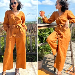 Casual Linen Jumpsuit With Pocket And Belt, Jumpsuit For Women, Long Sleeve Jumpsuit, Loose Jumpsuit, Women Playsuit, Zero Waste Gift