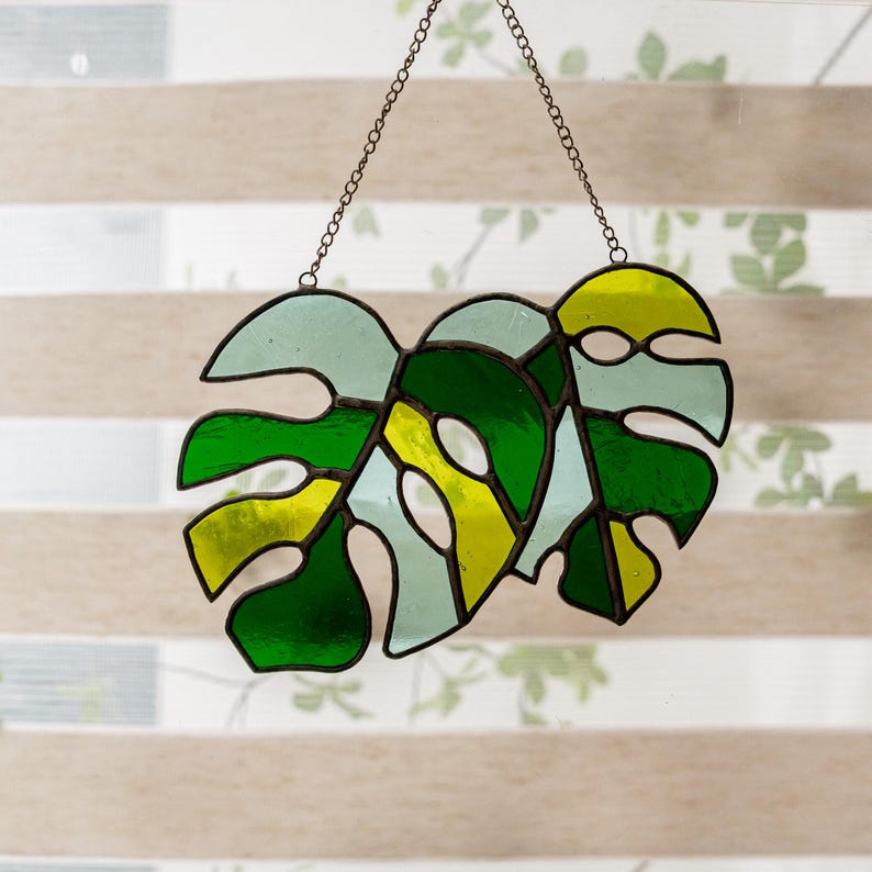 Glass Monstera Leaf, Leaves Art, Indoor Decor, Leaves Stained Glass, Window Suncatcher, House Plant, Large Monstera Leaf F58 image 5