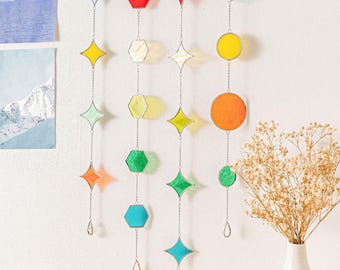 Modern Stained Glass Wall Hanging with Geometric Shapes and Bright Colors Q22