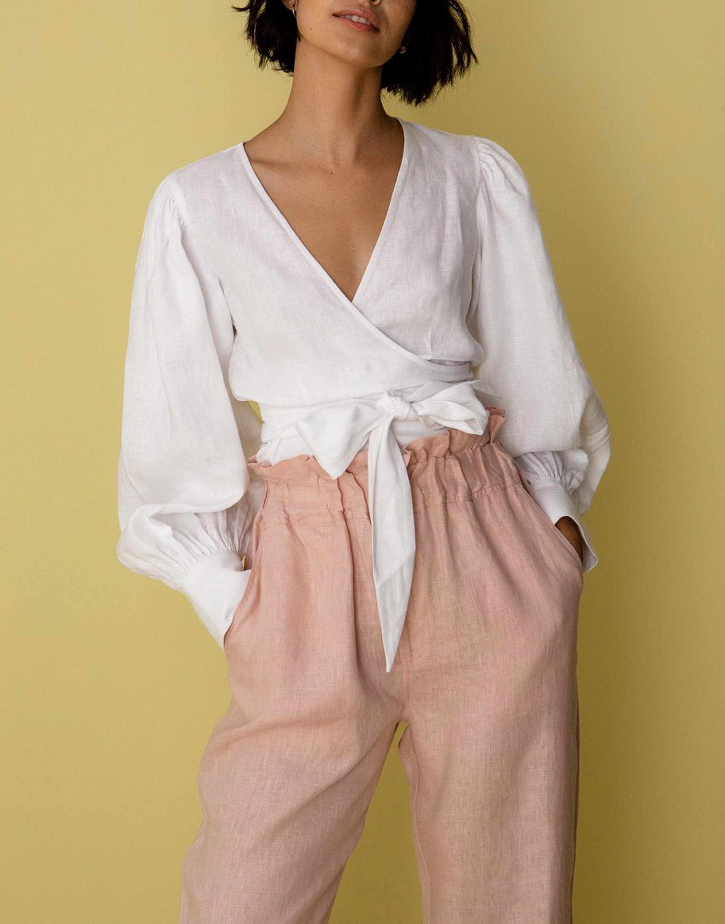 Tailor Linen Wrap Top Linen Wrap Blouse. Linen Kimono Top. Etsy