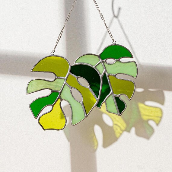Glass Monstera Leaf, Leaves Art, Indoor Decor, Leaves Stained Glass, Window Suncatcher, House Plant, Large Monstera Leaf F58