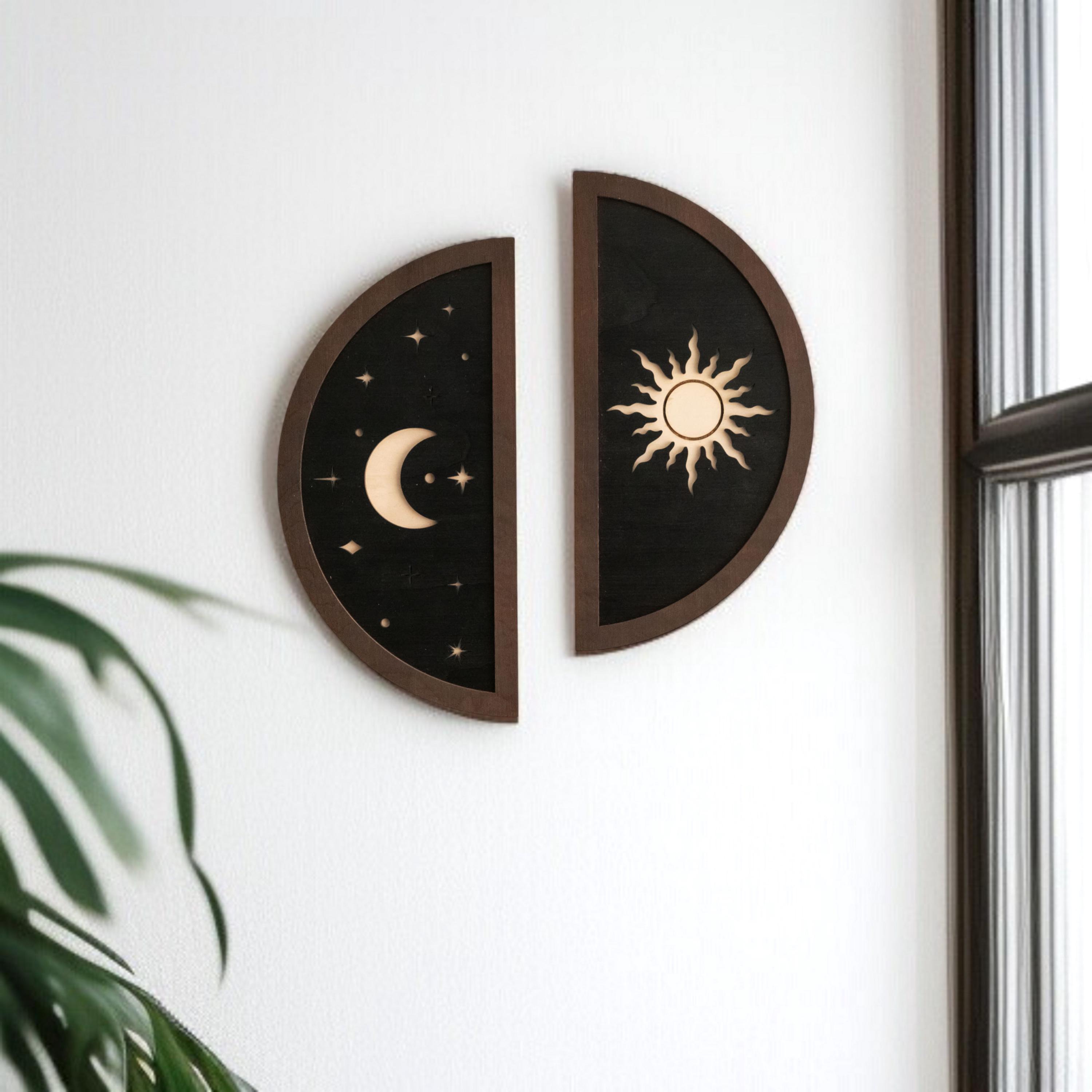 Modern Boho Wooden Sun Moon Decor – Minimalist Celestial Wall Art for ...