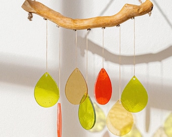 Campana de viento de cristal multicolor con hojas, arte para jardín, decoración para ventanas y hogar, atrapasoles móvil, regalo de comercio justo, arcoíris F69