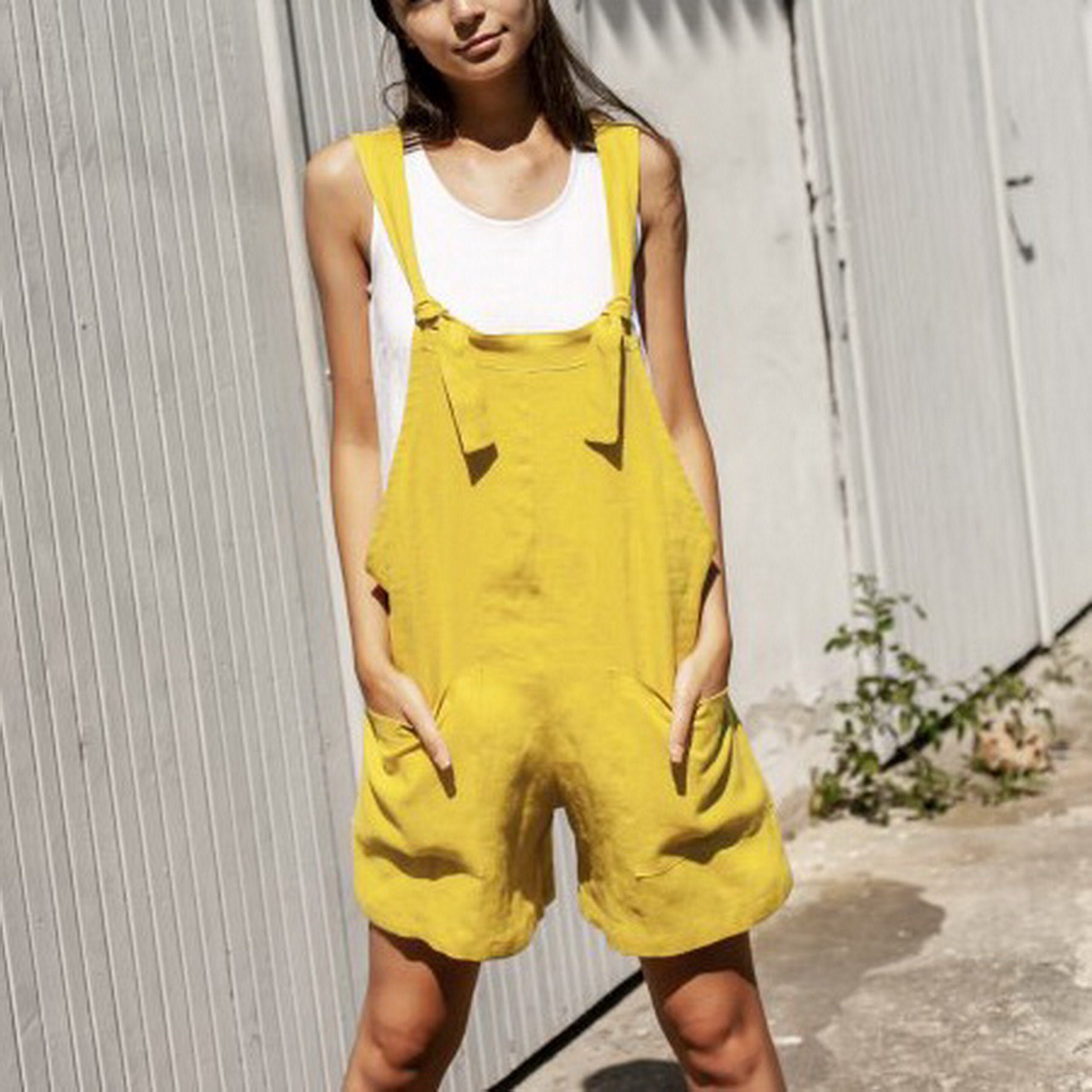 Short Linen Jumpsuit for Women With Pockets Simple Linen Etsy