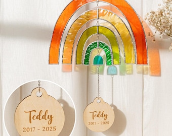 Personalized Rainbow Bridge Stained Glass Sun catcher. Rainbow Heart Paw Print Memorial Sun catcher. Hand Painted Pet Remembrance Gift Q13