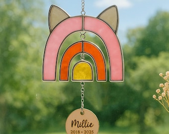 Personalized Rainbow Bridge Stained Glass Sun catcher. Rainbow Heart Paw Print Memorial Sun catcher. Hand Painted Pet Remembrance Gift Q17