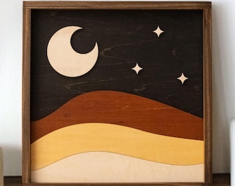 Decorazione Boho Sole e Luna, Decorazione tagliata al laser, Arte in legno Boho, Grande arazzo da parete, Tramonto Sole Luna, Arazzo da parete in legno, Opera d'arte in legno Y56