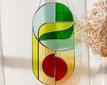 Modern stained glass suncatcher, window decor, glass wall hanging F83