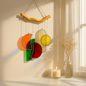 Boho fönsterklocka i målat glas – Handgjord solfångare och vindklockadekoration F88 bild 5
