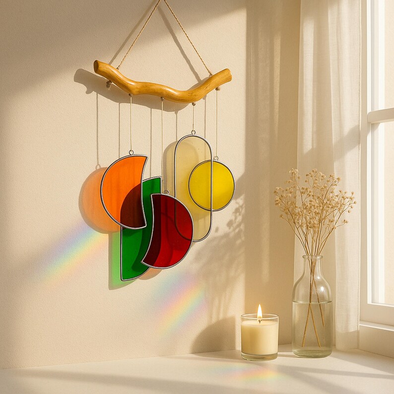 Boho fönsterklocka i målat glas – Handgjord solfångare och vindklockadekoration F88 bild 5