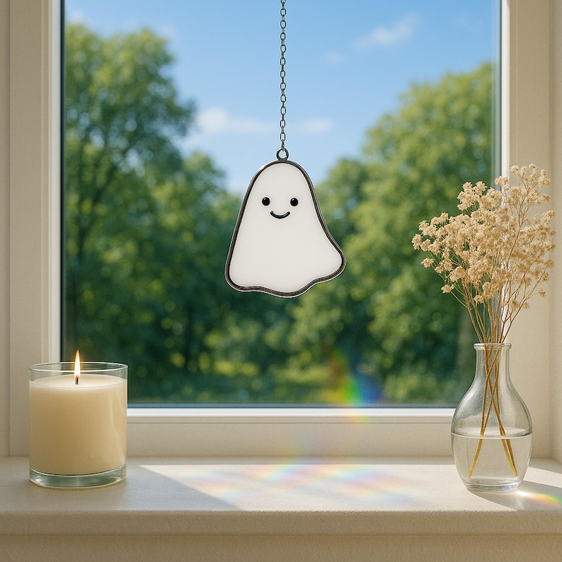 May include: A white ghost-shaped suncatcher with a smiling face hangs from a chain in front of a window. A lit candle in a glass jar and a vase of dried flowers sit on the windowsill. The background shows a green, leafy tree and a blue sky.