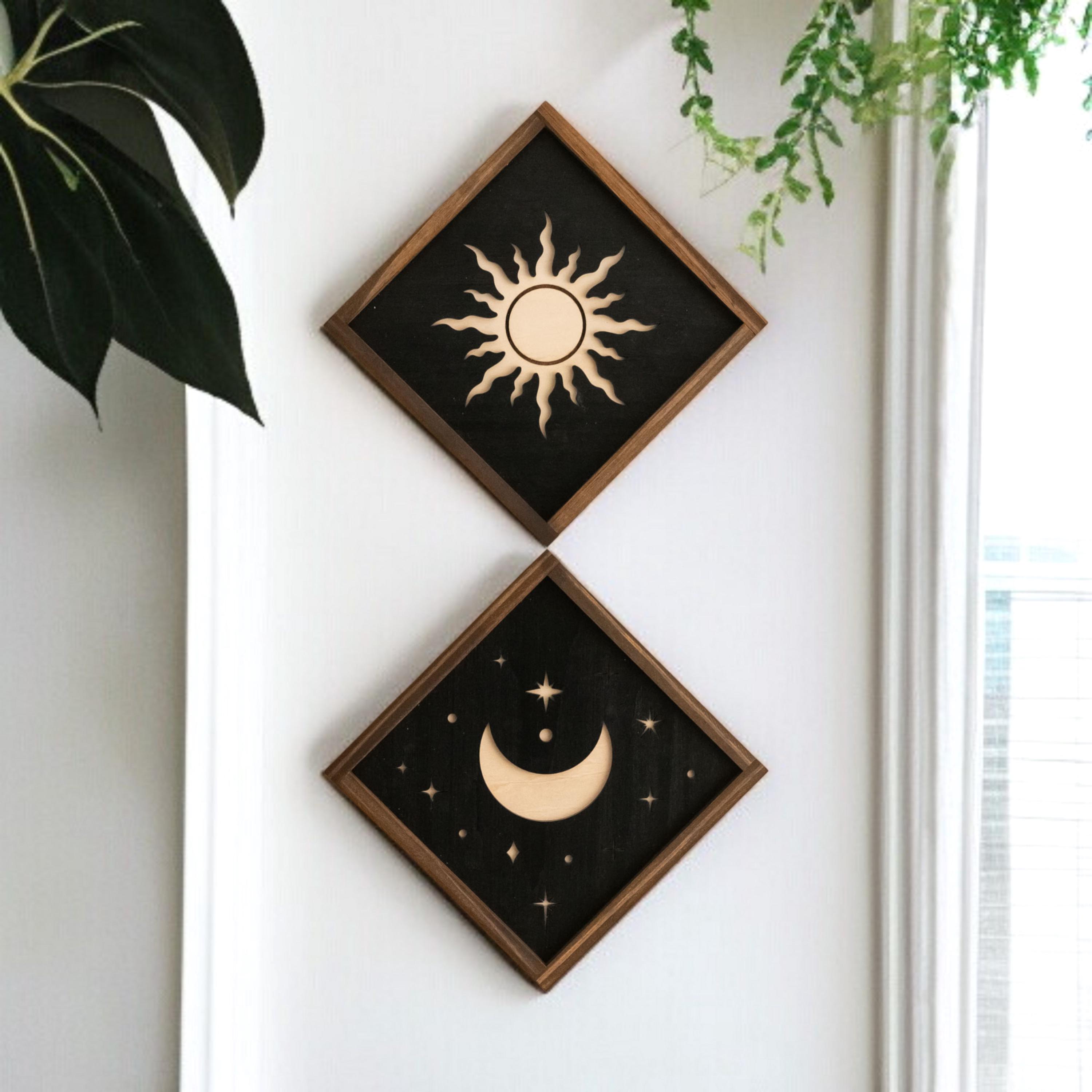 Sun and Moon Wooden Wall Art for Celestial Boho Home Decor Accent Y55 ...
