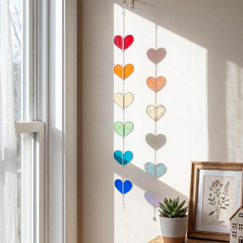Op de afbeelding: Een decoratieve hartjesslinger met zeven gekleurde glas-in-lood harten in rood, oranje, geel, groen, blauwgroen en blauw. De harten zijn verbonden door zilveren kettingen en hangen voor een witte muur, met een raam en zonlicht.