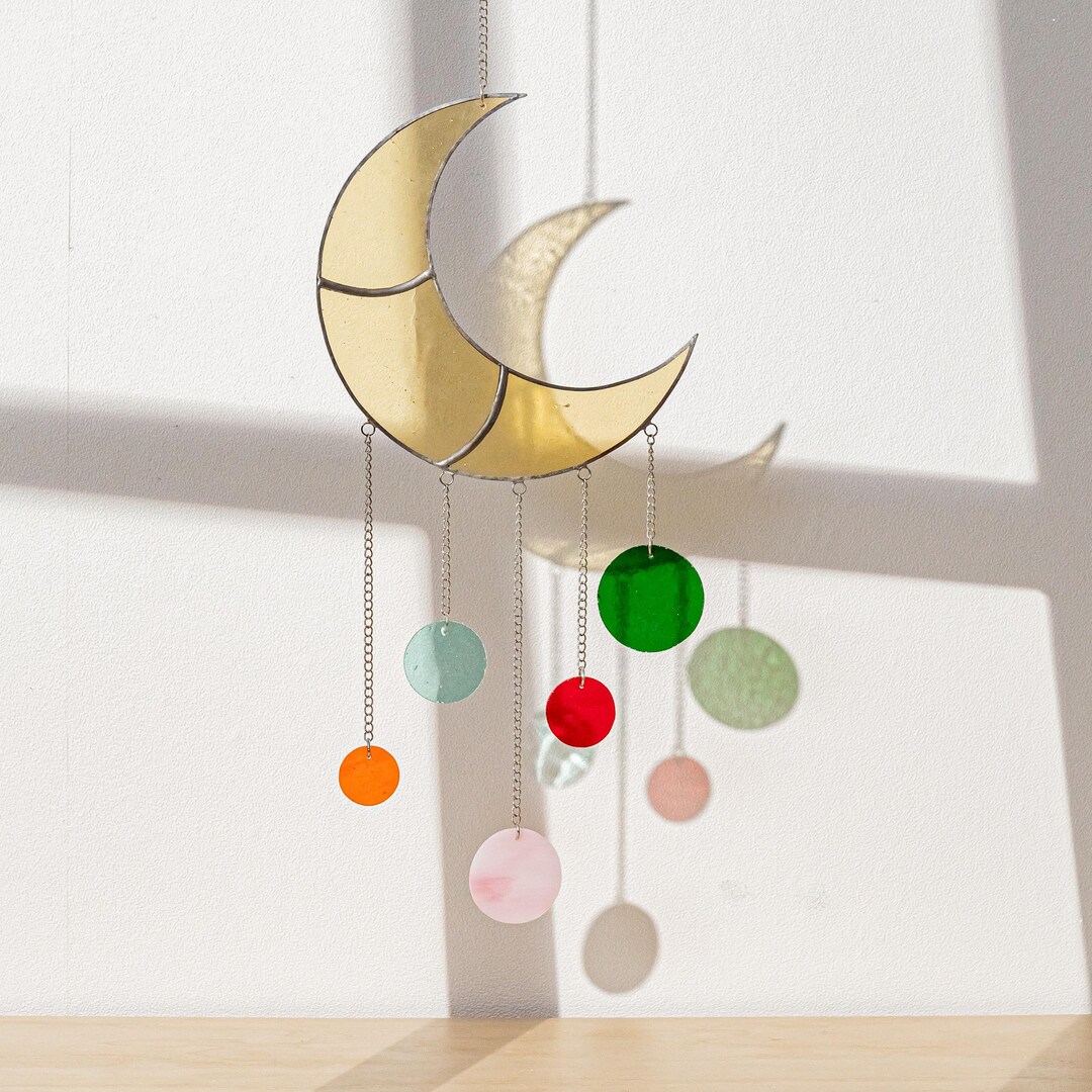 Moon Phases Wind Chimes, Window Decoration, Handmade Stained, Moon ...
