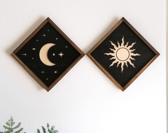 Decorazione murale in legno con sole e luna per un arredamento boho celeste Y55