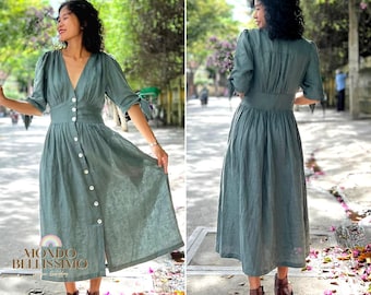 Leinen midi Kleid mit Tasche, Lässiges Leinenkleid, Boho Vintage Kleid, Oversized Kleid, Minimalistisches Kleid, Boho Leinen kleidung