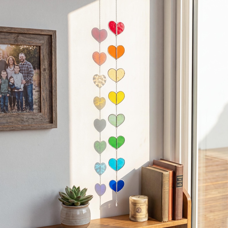 Op de afbeelding: Een regenboogkleurige glazen raamhanger in de vorm van harten. De harten zijn in tinten roze, rood, oranje, geel, groen, blauw en paars. De harten zijn verbonden door een zilveren ketting. De raamhanger hangt bij een raam.