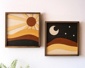 Decorazione murale in legno con sole e luna per arredo casa in stile boho e moderno Y56