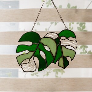 Glass Monstera Leaf, Leaves Art, Indoor Decor, Leaves Stained Glass, Window Suncatcher, House Plant, Large Monstera Leaf F58 image 4