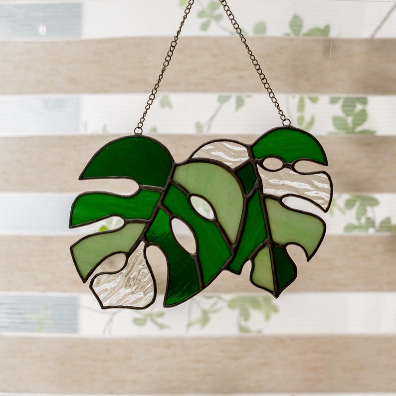 Glass Monstera Leaf, Leaves Art, Indoor Decor, Leaves Stained Glass, Window Suncatcher, House Plant, Large Monstera Leaf F58 image 4