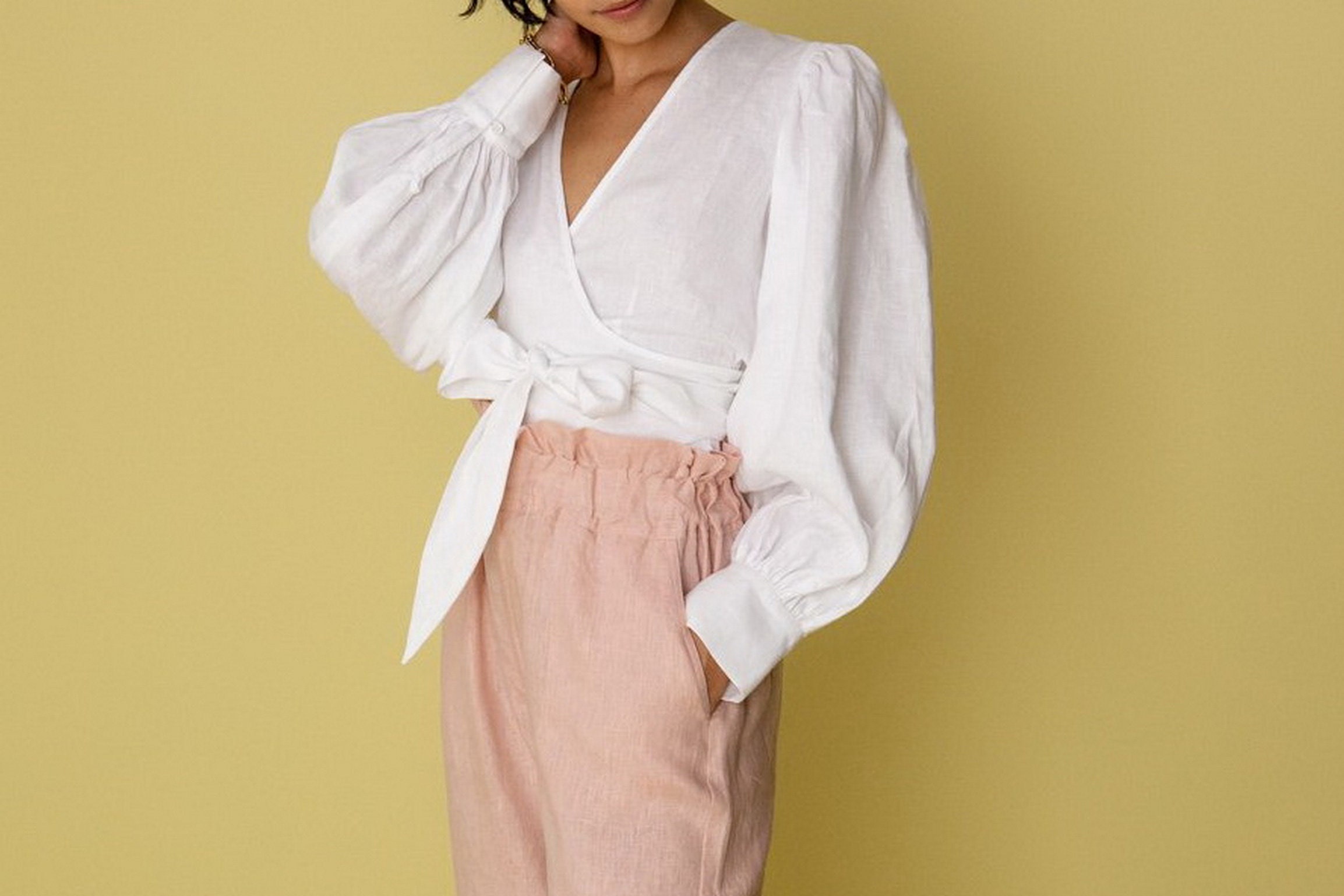 Tailor Linen Wrap Top Linen Wrap Blouse. Linen Kimono Top. Etsy