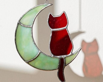 Cat On Moon Hanging Art, Stained Glass Panel, Cat Suncatcher, Cat Mom, Stained Glass Art, Suncatcher, Gifts For Cat Lovers, Glass Art F13