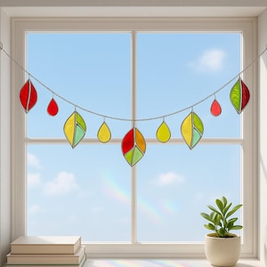 Stained Glass Leaf Garland Sun Catcher for Window Boho Farmhouse Decor Q04