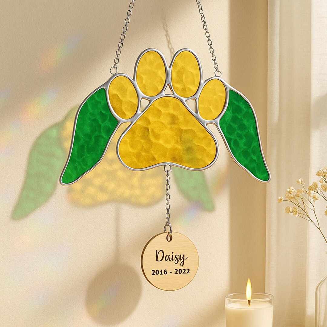 Rainbow Bridge Pet Paw Memorial Suncatcher in Stained Glass | Animal ...